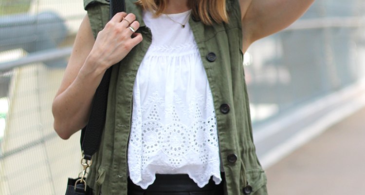 white lace top, faux leather shorts, utility vest