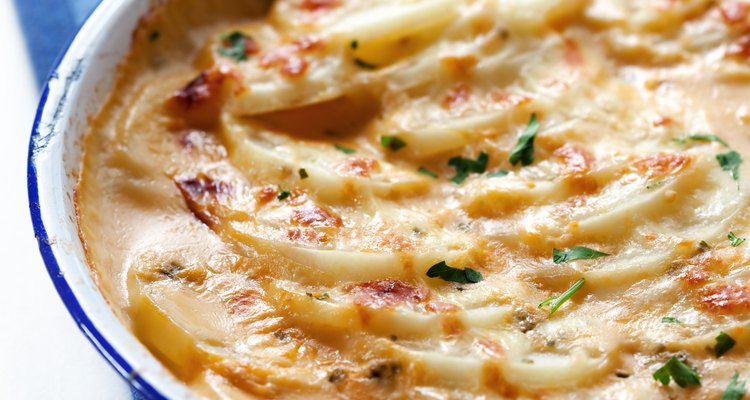 Scalloped potatoes in a casserole dish