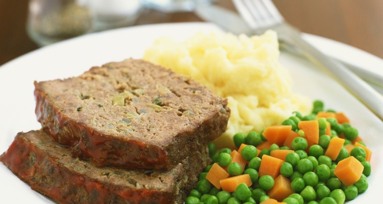 Meatloaf, potatoes, peas and carrots