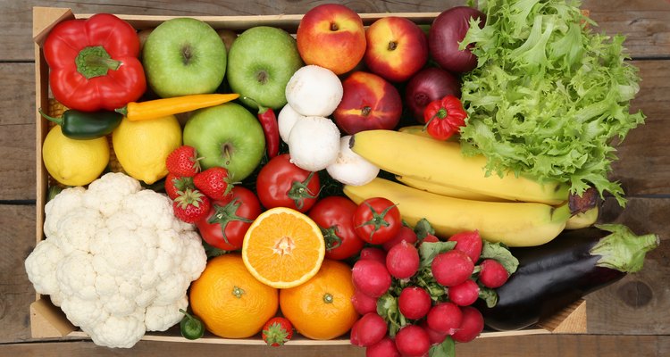 Healthy eating fruits and vegetables in box from above